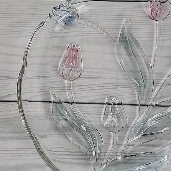 Mikasa Tivoli Tulip Plater Clear Crystal With Pink And Blue Tulips. 12" - Picture 4 of 7
